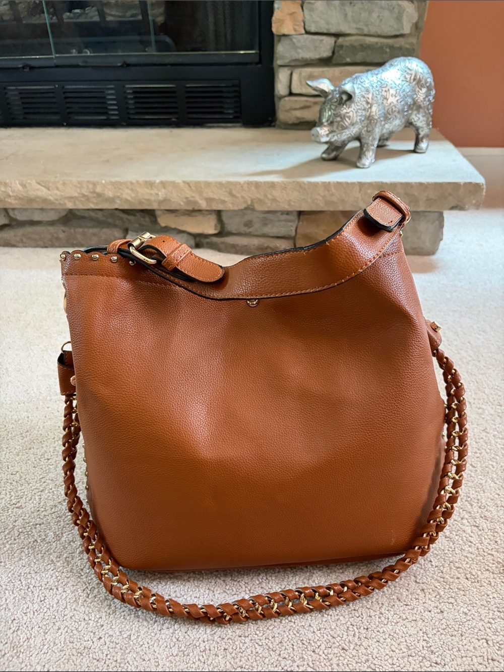 Tumbled Leather Shoulder Hobo in Cognac